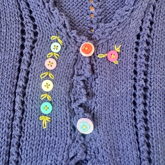Artisan Handmade Navy Blue Knit Vest with Multicolor Buttons & Floral Details - Picture 3 of 5